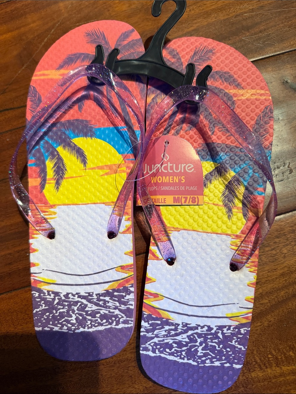 Juxture Women's Purple Beach Flip Flops - Colorful Sunset Print